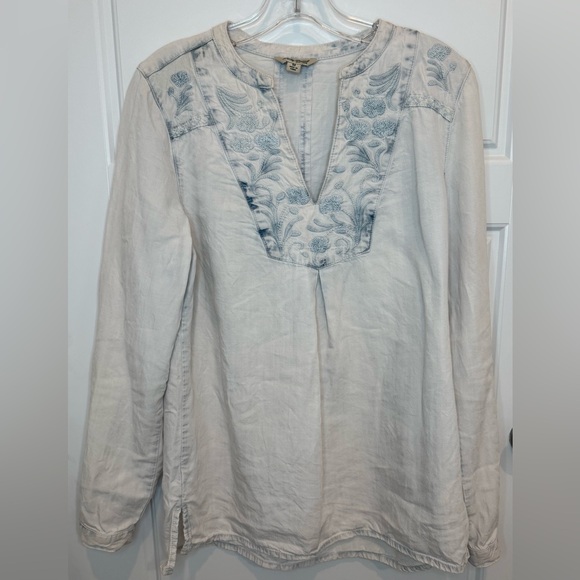 Women's Lucky Brand V-neck Tunic Shirt Sz MediumEmbroidered Boho Long Sleeve
